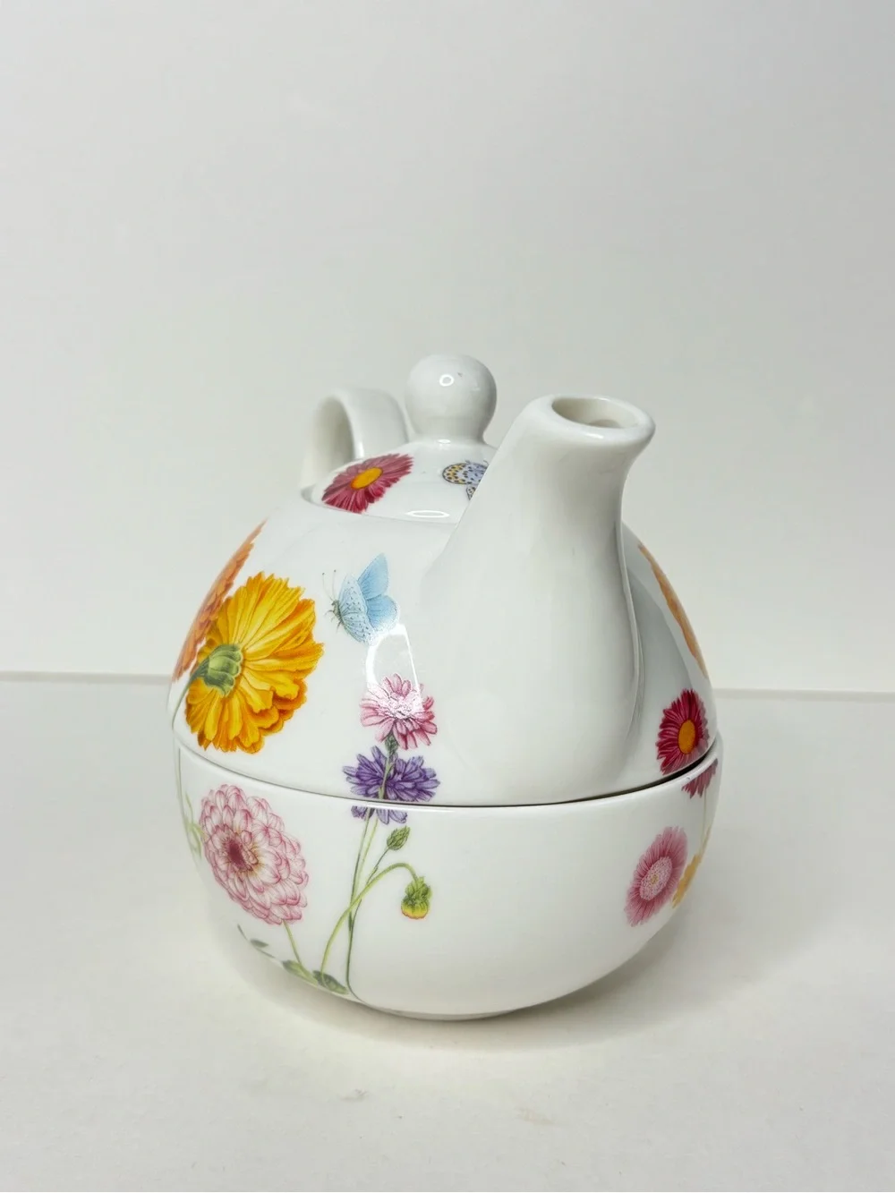 Gracie China Floral Ceramic Tea for One Set with Yellow Marigold Motif Pot & Cup